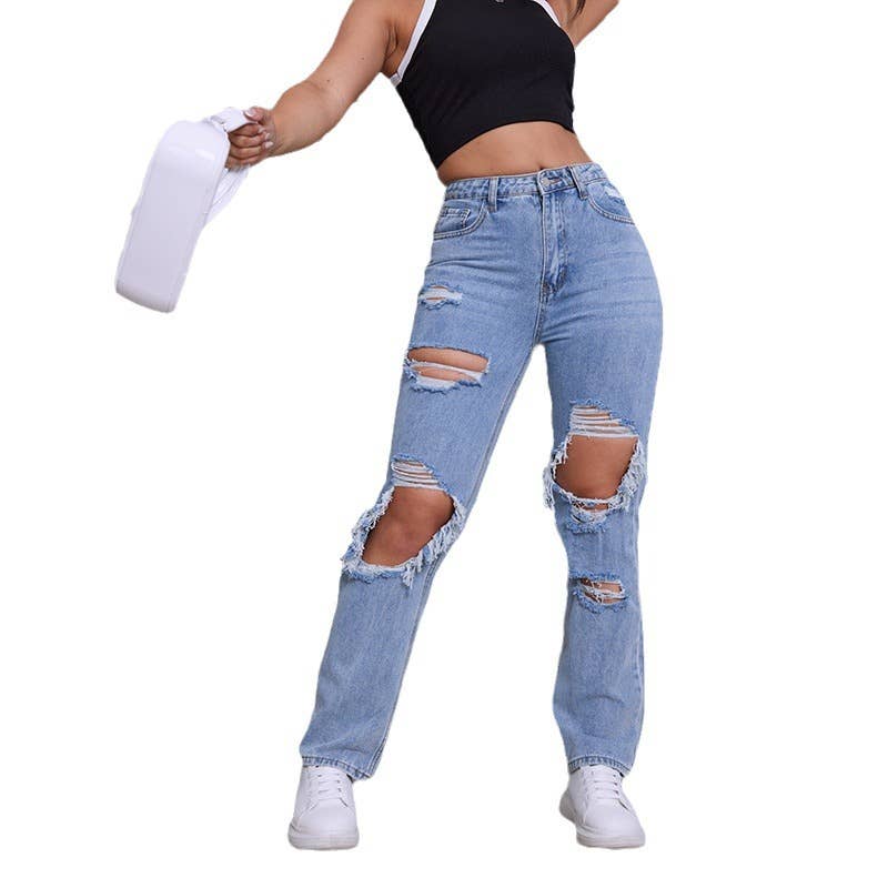 Perforated straight-leg personalized street jeans