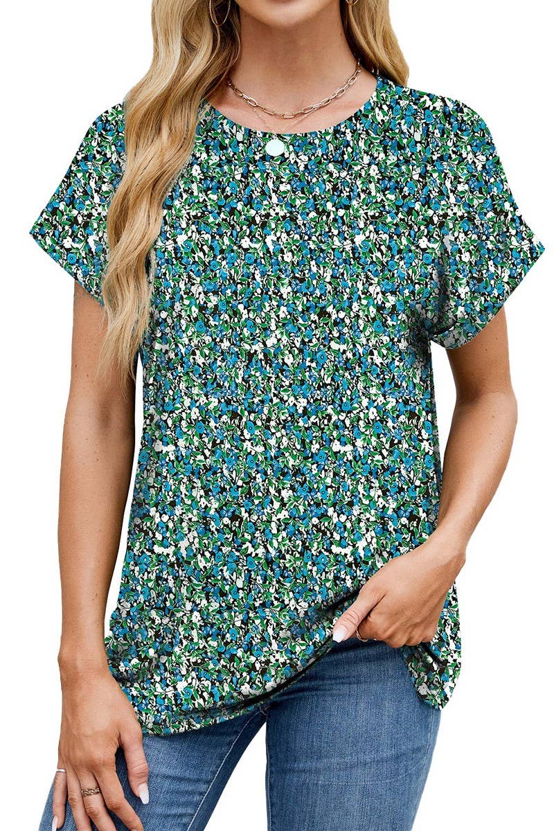 Cwtbls1742_Printed Crew Neck Loose Short Sleeve T-Shirt Top