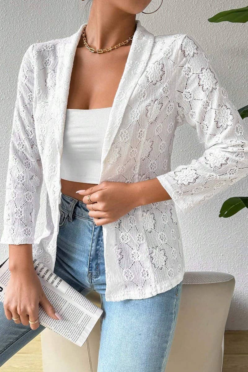 CWOCO1140_SOLID COLOR LACE 9-QUARTER SLEEVE LAPEL BLAZER