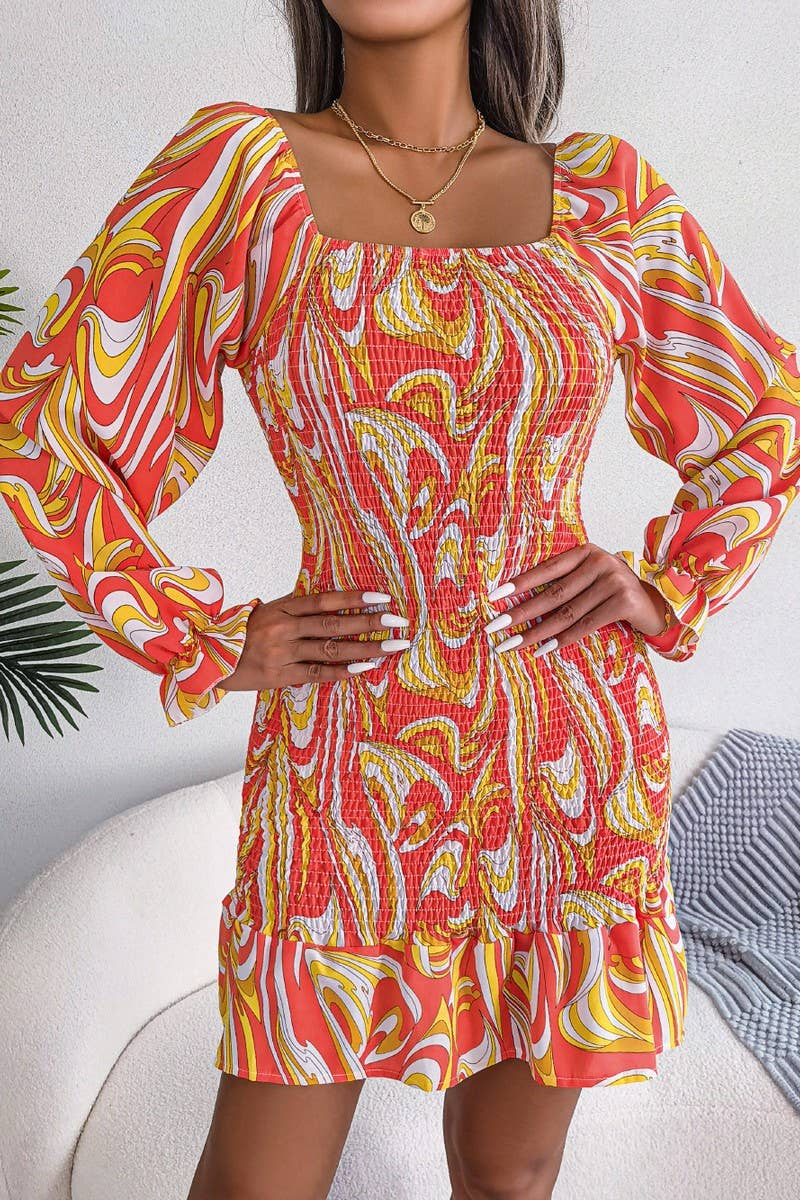 CWDMD4717_SEXY SQUARE NECK LONG SLEEVE RUFFLED HIP DRESS