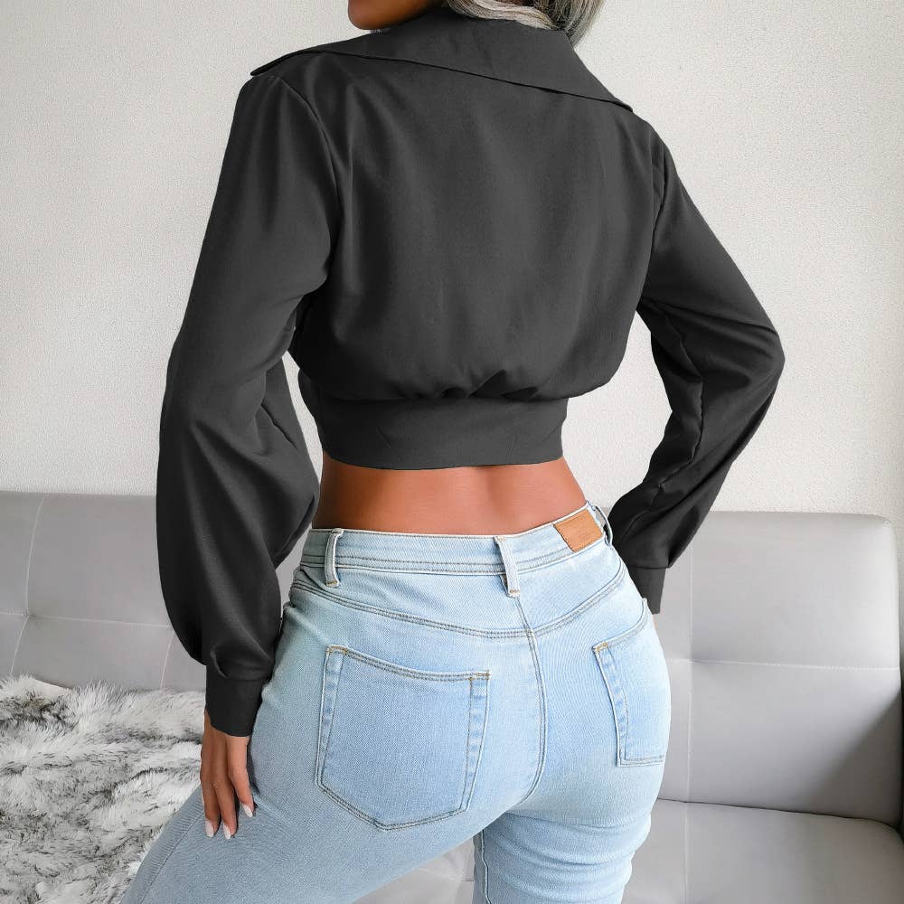 Suit collar knotted shirt crop top
