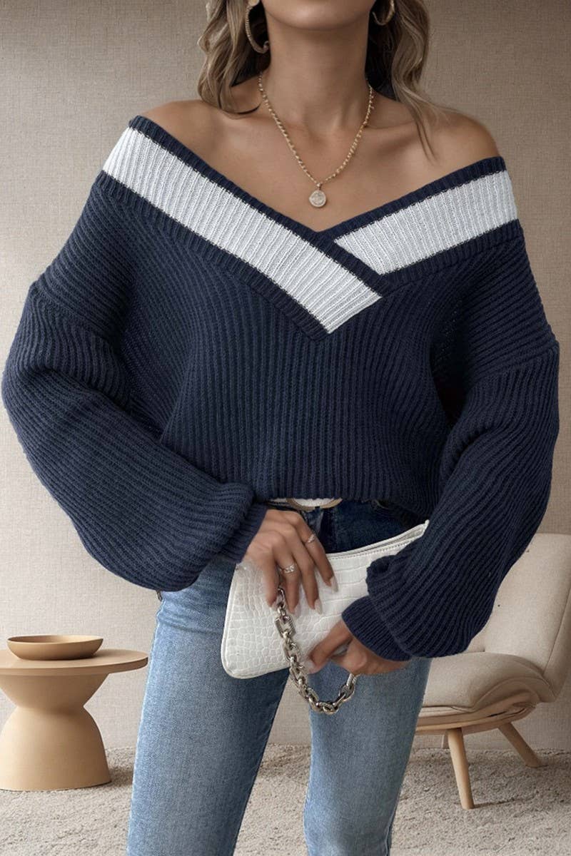 V-neck long-sleeved pullover sweater