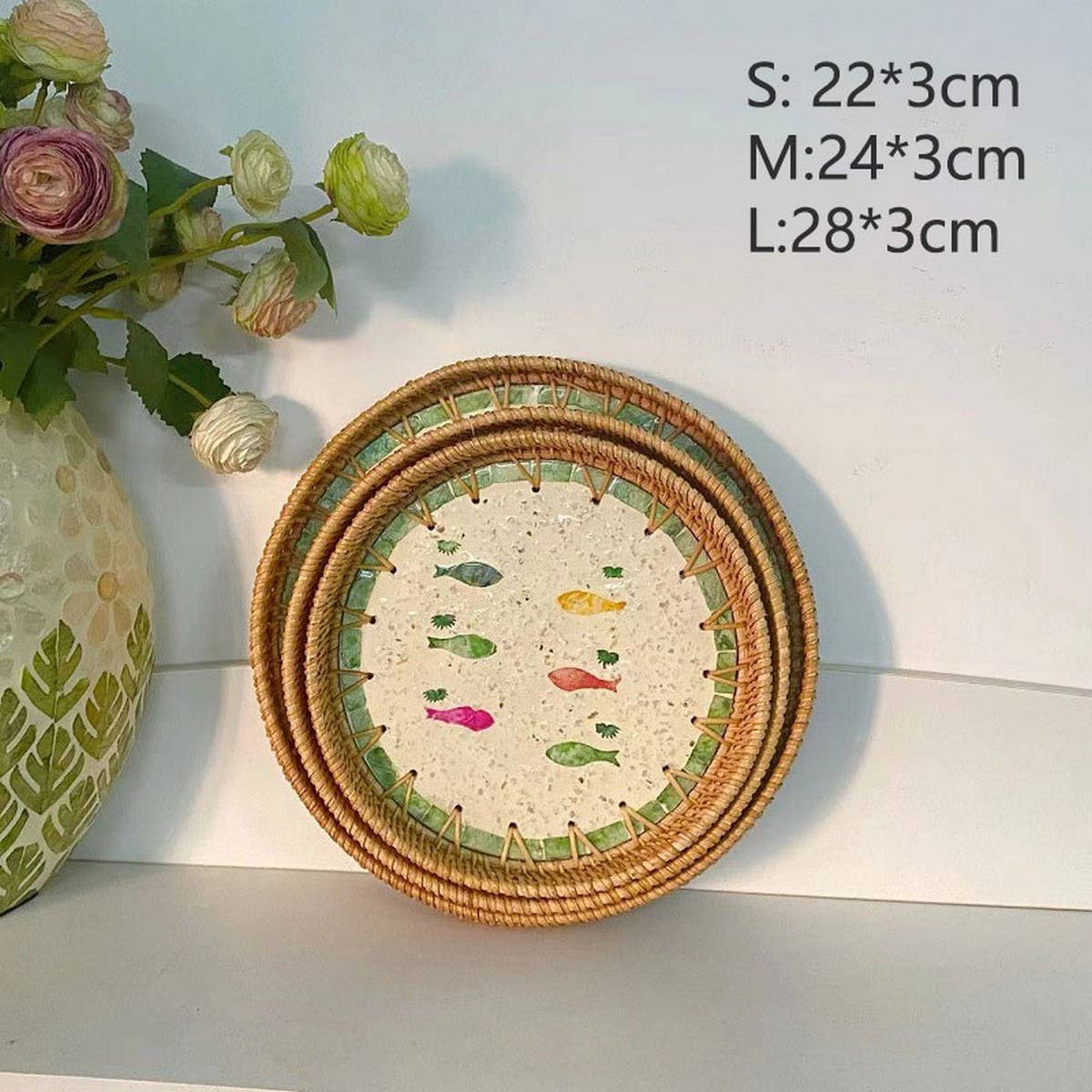 RATTAN COLORFUL SHELL FRUIT TRAY THREE-PIECE SET_CWMM4428