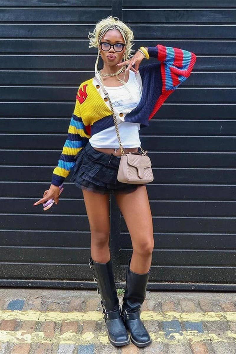 CWOCAL2239_COLORFUL LETTER BUTTON KNITTED SWEATER CARDIGAN