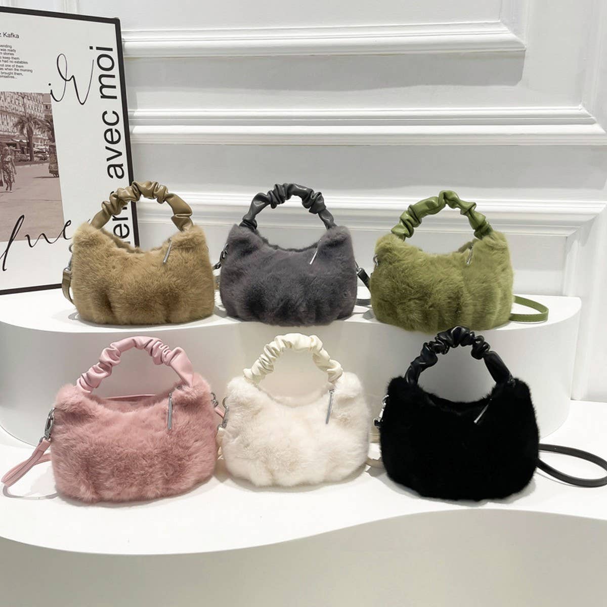 WINTER PLEATED TOTE PLUSH SHOULDER CROSSBODY BAG_CWAB3975