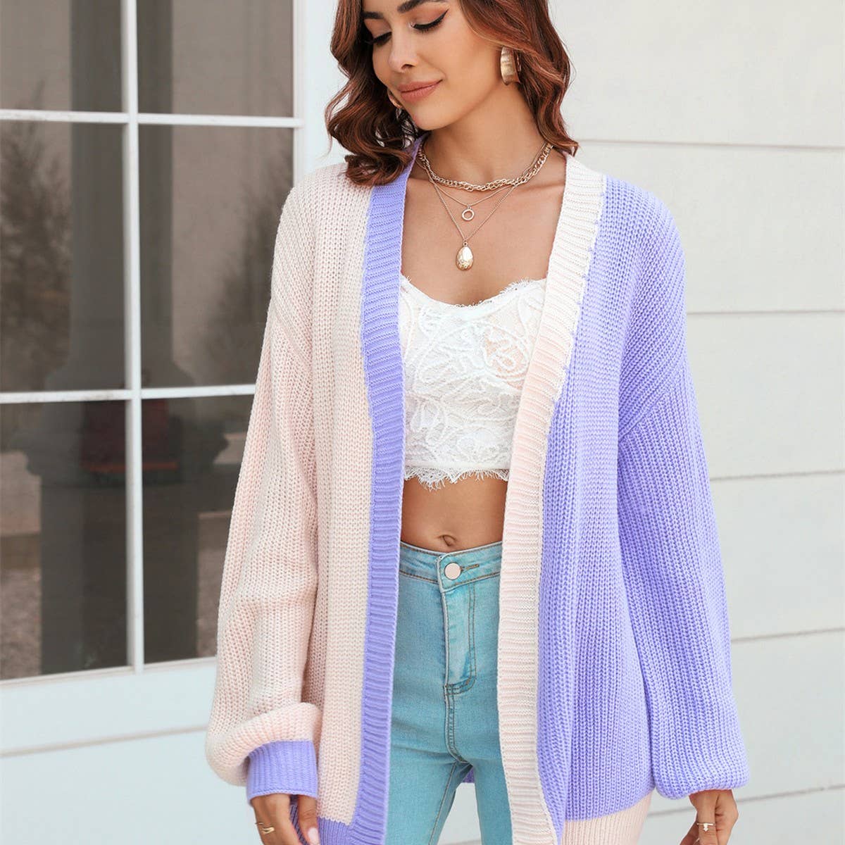 Patchwork Color Combination Fashion Knit Cardigan
