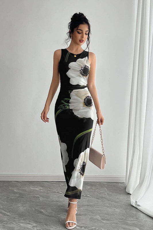 CWDMD5751_BLACK MESH FLORAL PRINT SLEEVELESS MAXI DRESS