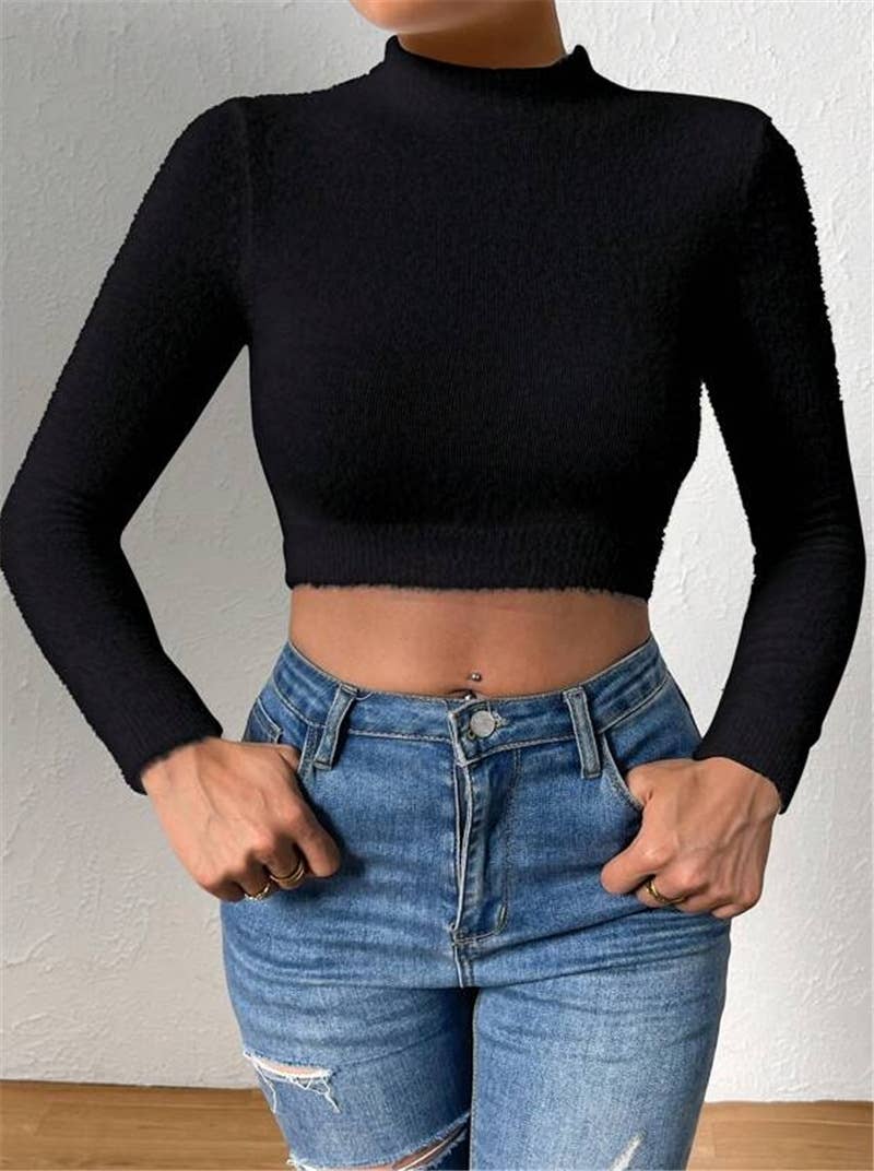 Semi-high-neck high-waisted short sweater