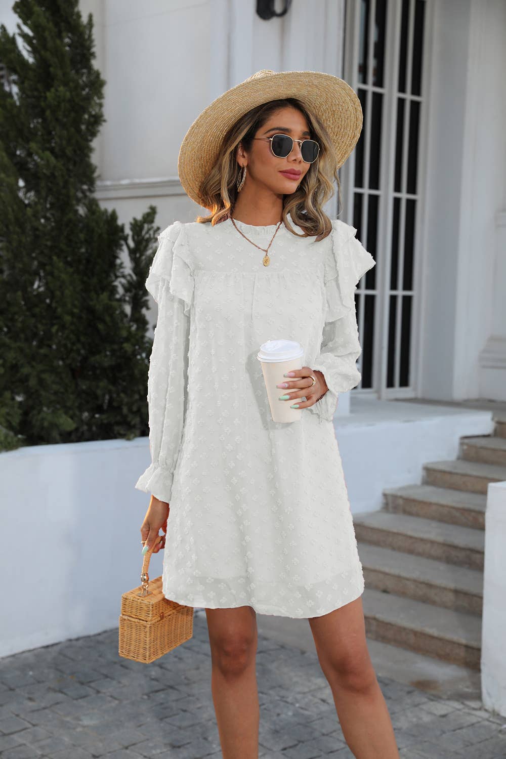 Ruffled long-sleeved solid chiffon jacquard dress