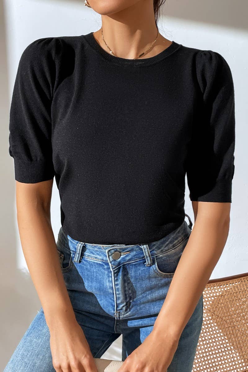 Cwtts0731_Crew Neck Puff Short Slv Soft Pullover Sweater