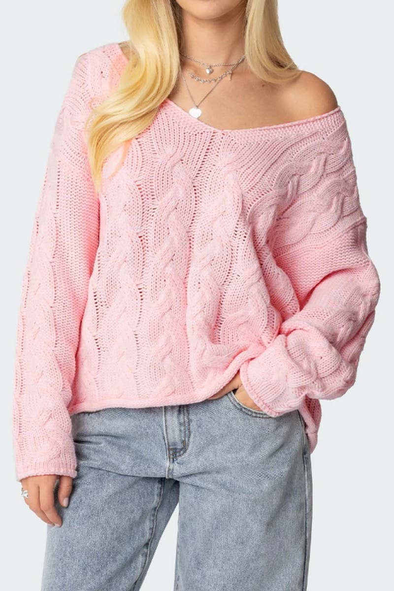 CWOSWL07422_LOOSE V NECK CABLE KNIT PULLOVER SWEATER