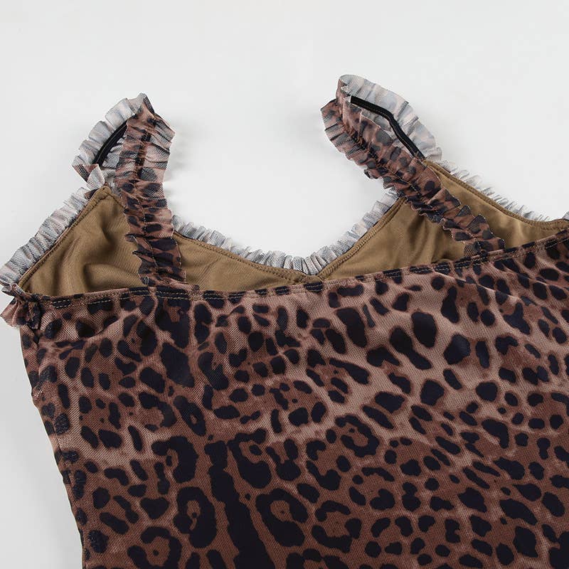 Leopard print sleeveless slim-fit V-neck dress