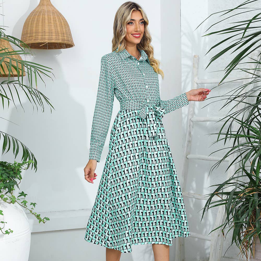 PLAID PATCHWORK LACE-UP LONG-SLEEVED DRESS