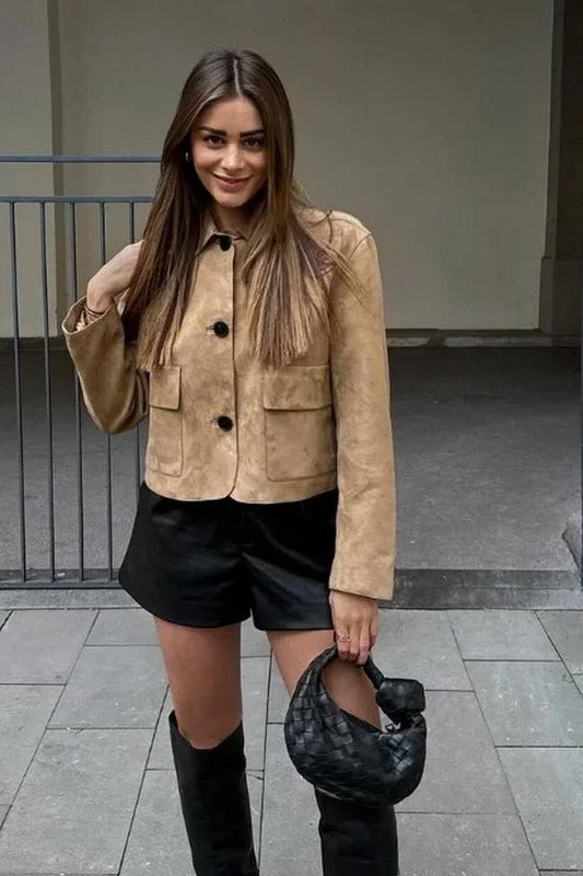 CWOCO1074_LAPEL LARGE BUTTON SUEDE SHORT JACKET