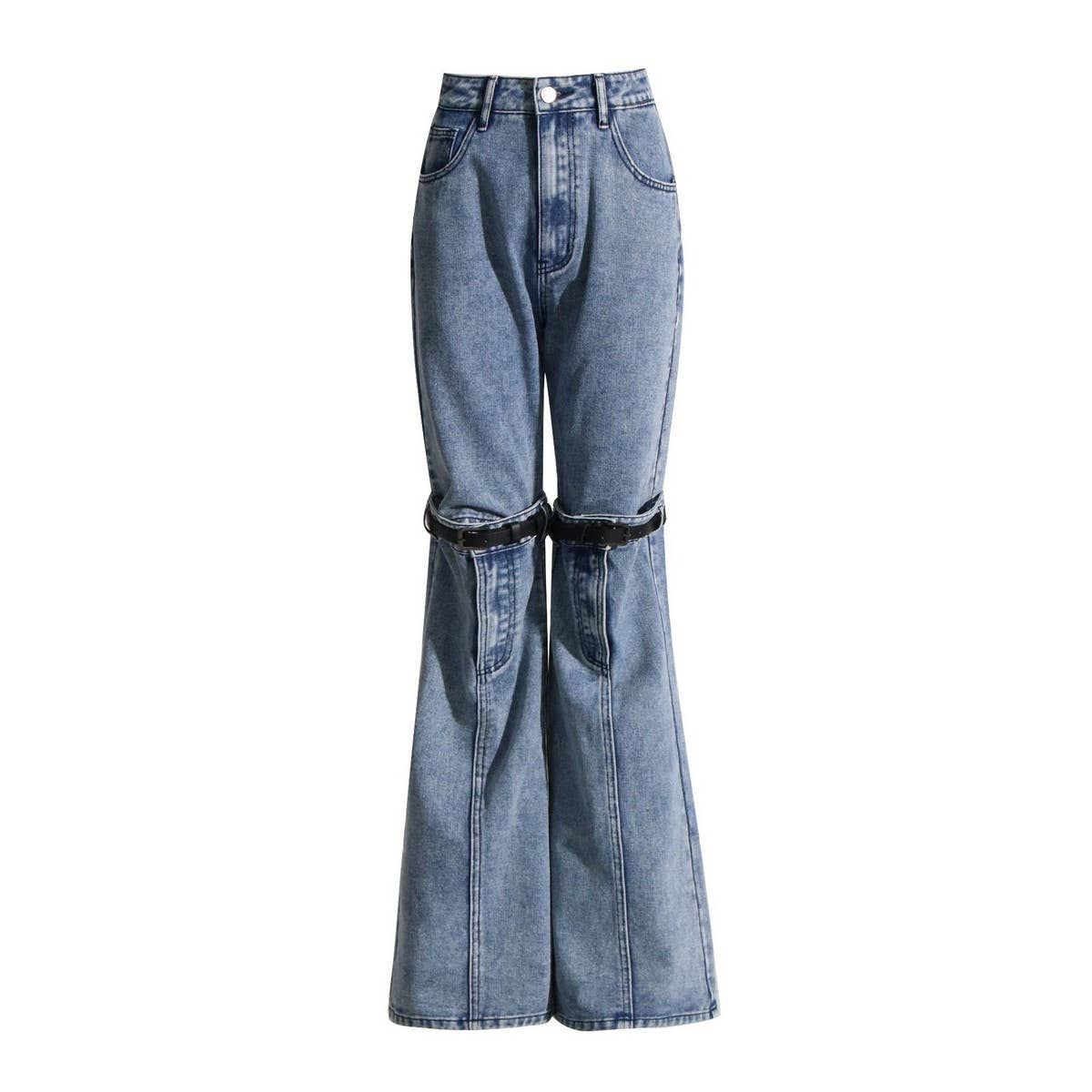 WOMENS PATCHWORK KNEE EXPOSED STRAIGHT LEG JEANS