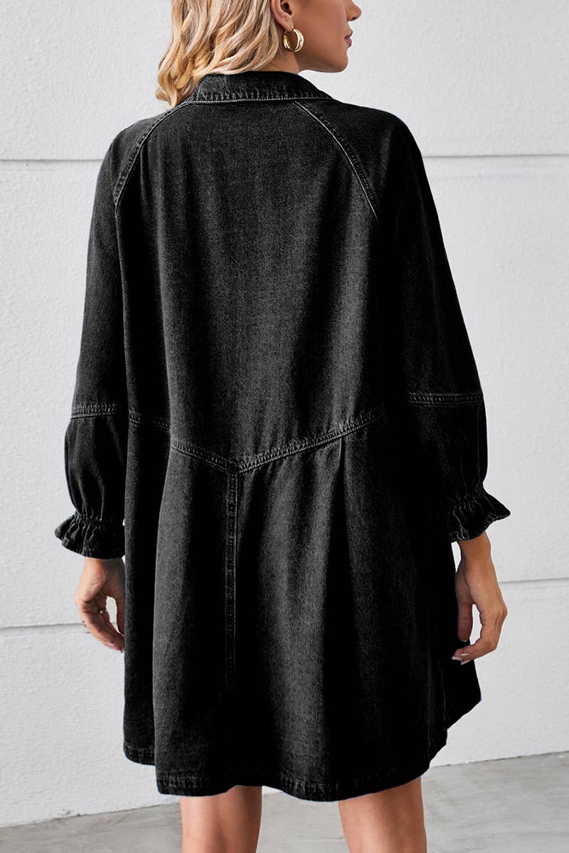 Loose wash long sleeve denim single breasted short dress