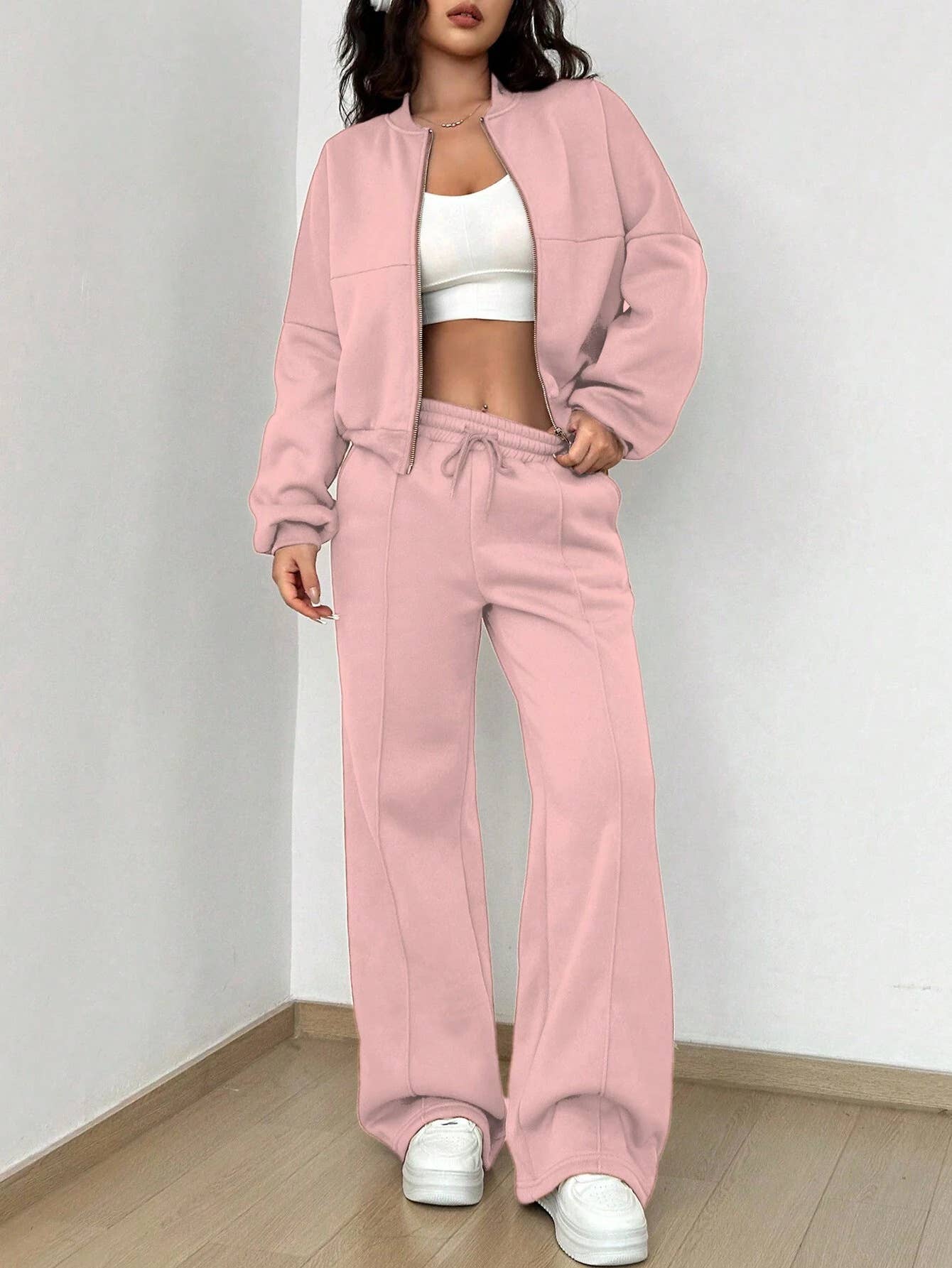Zipper cardigan straight-leg sport pants set
