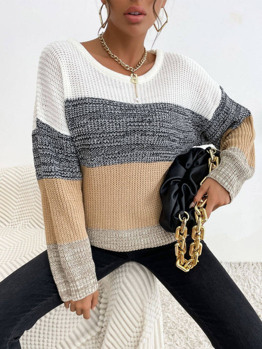 Round-neck long-sleeved color-blocking sweater