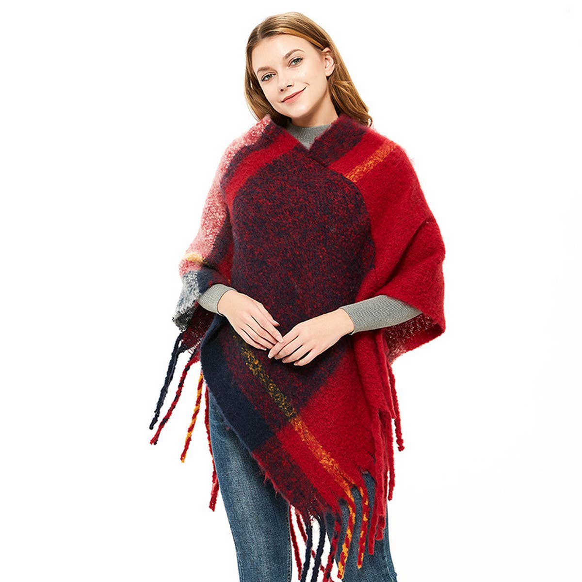 THICK TASSEL COLOR MATCHING PULLOVER CAPE SHAWL