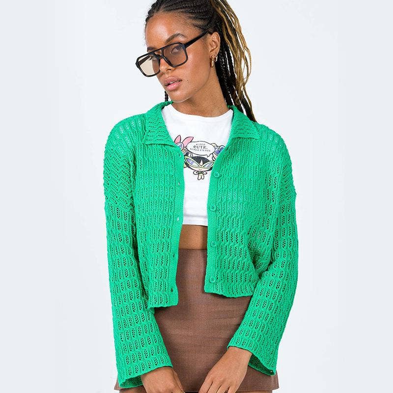 LAPEL HOLLOWED OUT SOLID COLOR BUTTON CARDIGAN