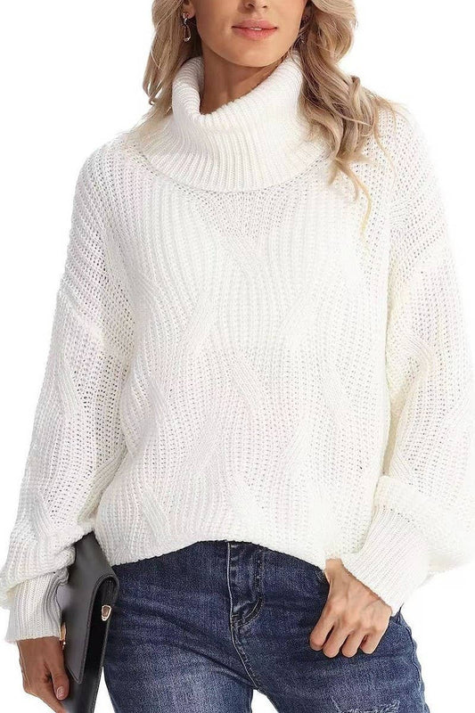 Cwoswl3399_Loose Turtleneck Cable Knit Long Sleeve Pullover
