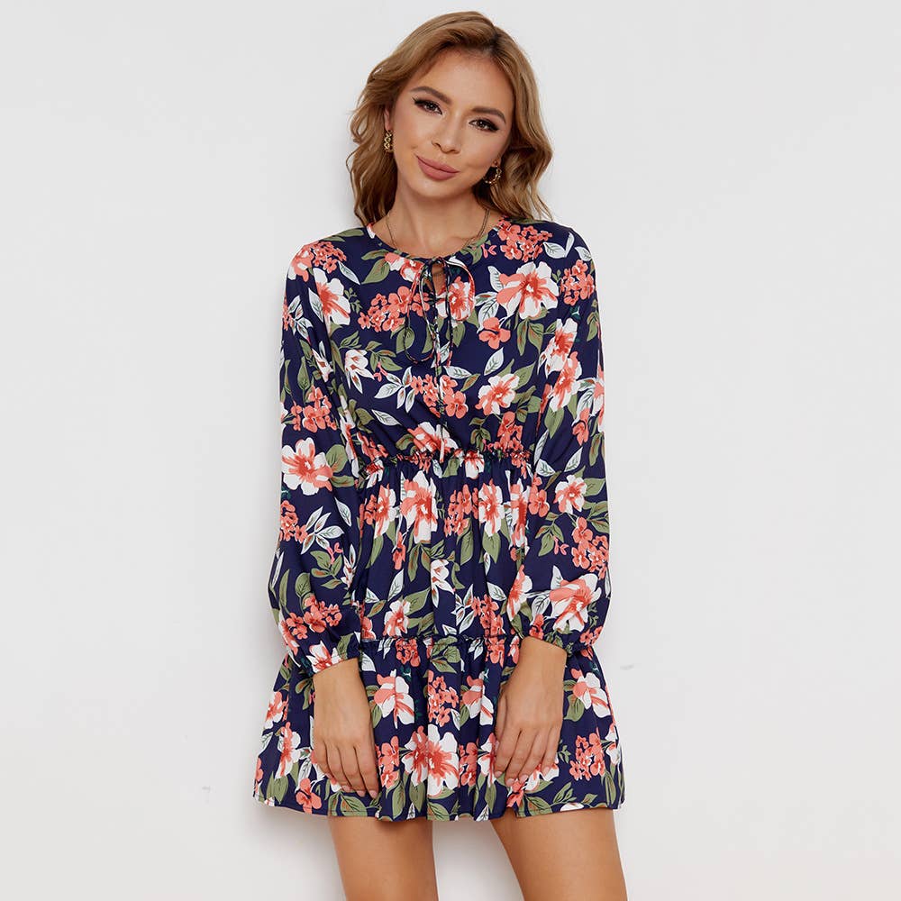 Round neck loose floral waist waist short dress