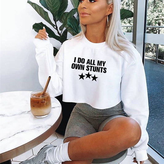 Round-neck printed long-sleeved crop top T-shirt