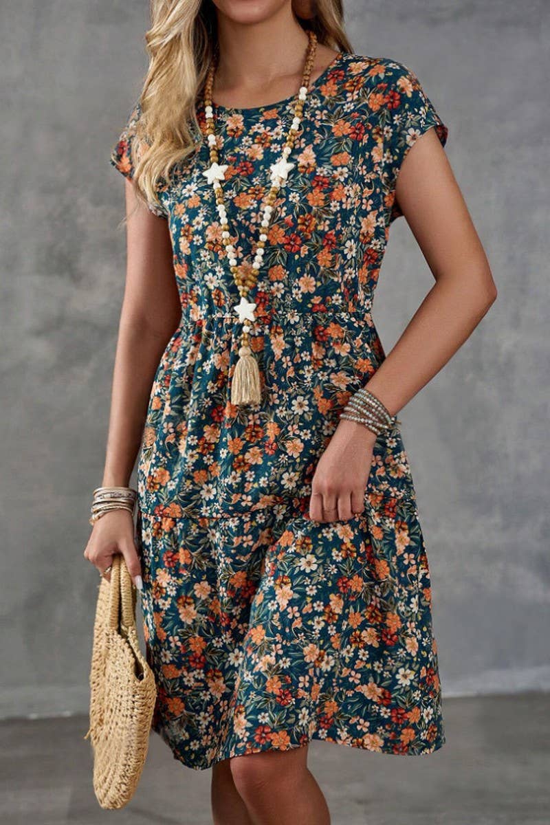 CWDSD8379_PRINTED ELASTIC WAIST SHORT SLEEVE DRESS