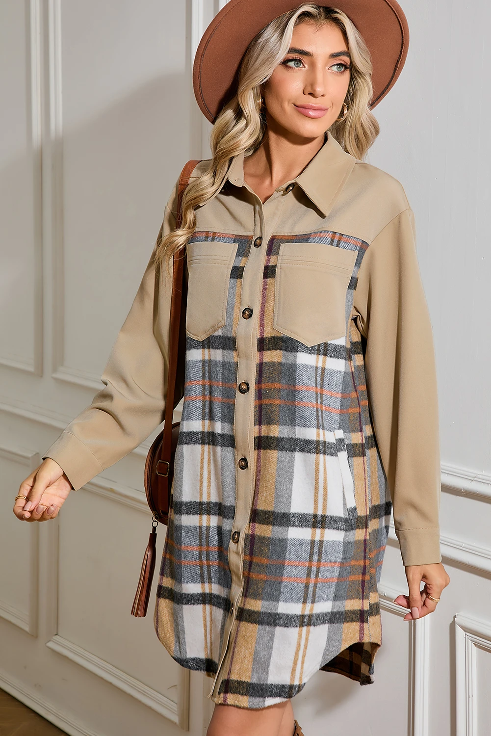 SINGLE BREASTED PLAID LOOSE POCKET SHIRT DRESS