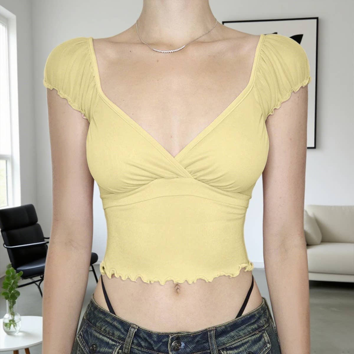 Hubble-bubble sleeve edge short sleeve T-shirt