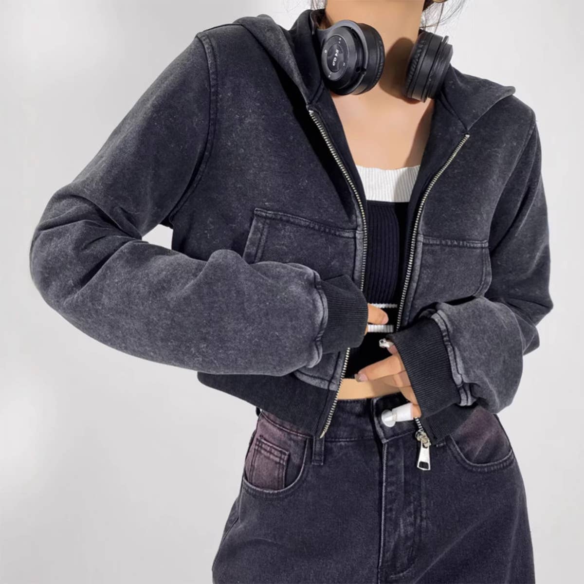 VINTAGE SAND WASH MAKE OLD SLIM-FIT SHORT HOODIE