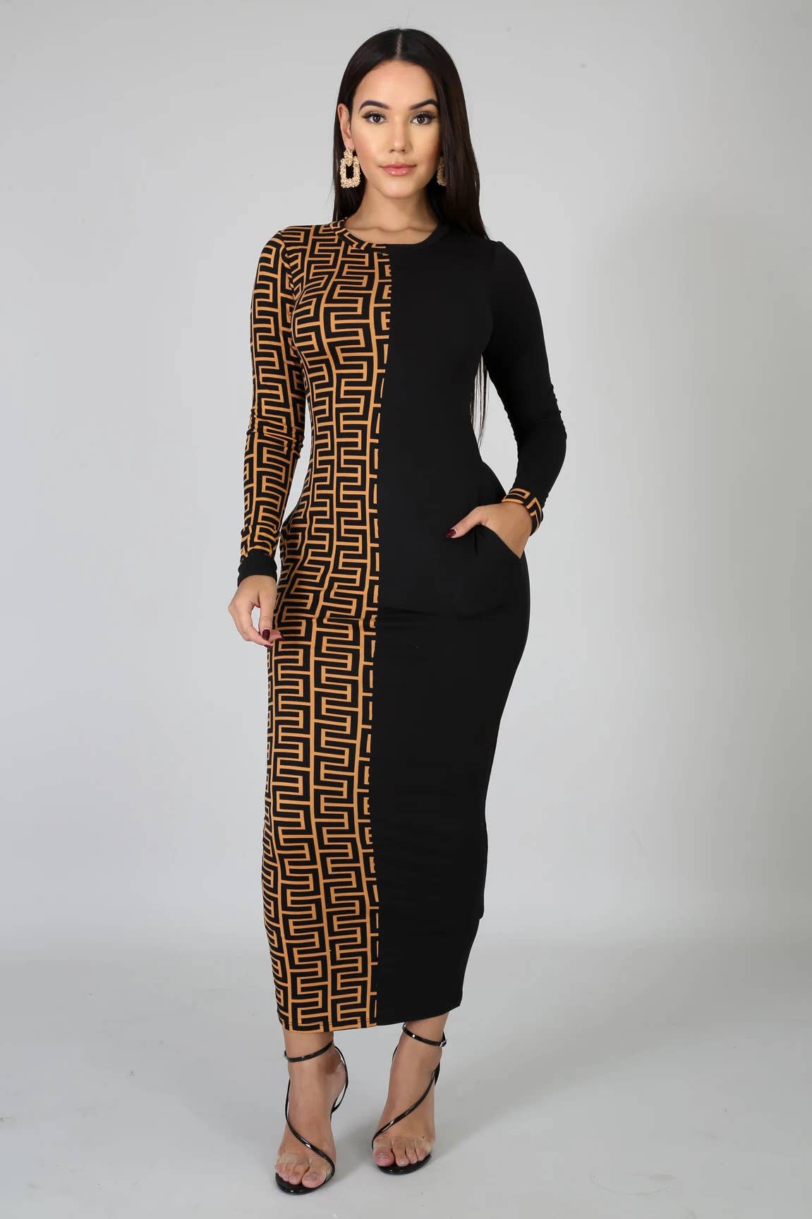 PATCHWORK PRINT FASHION SLIM-FIT LONG DRESS