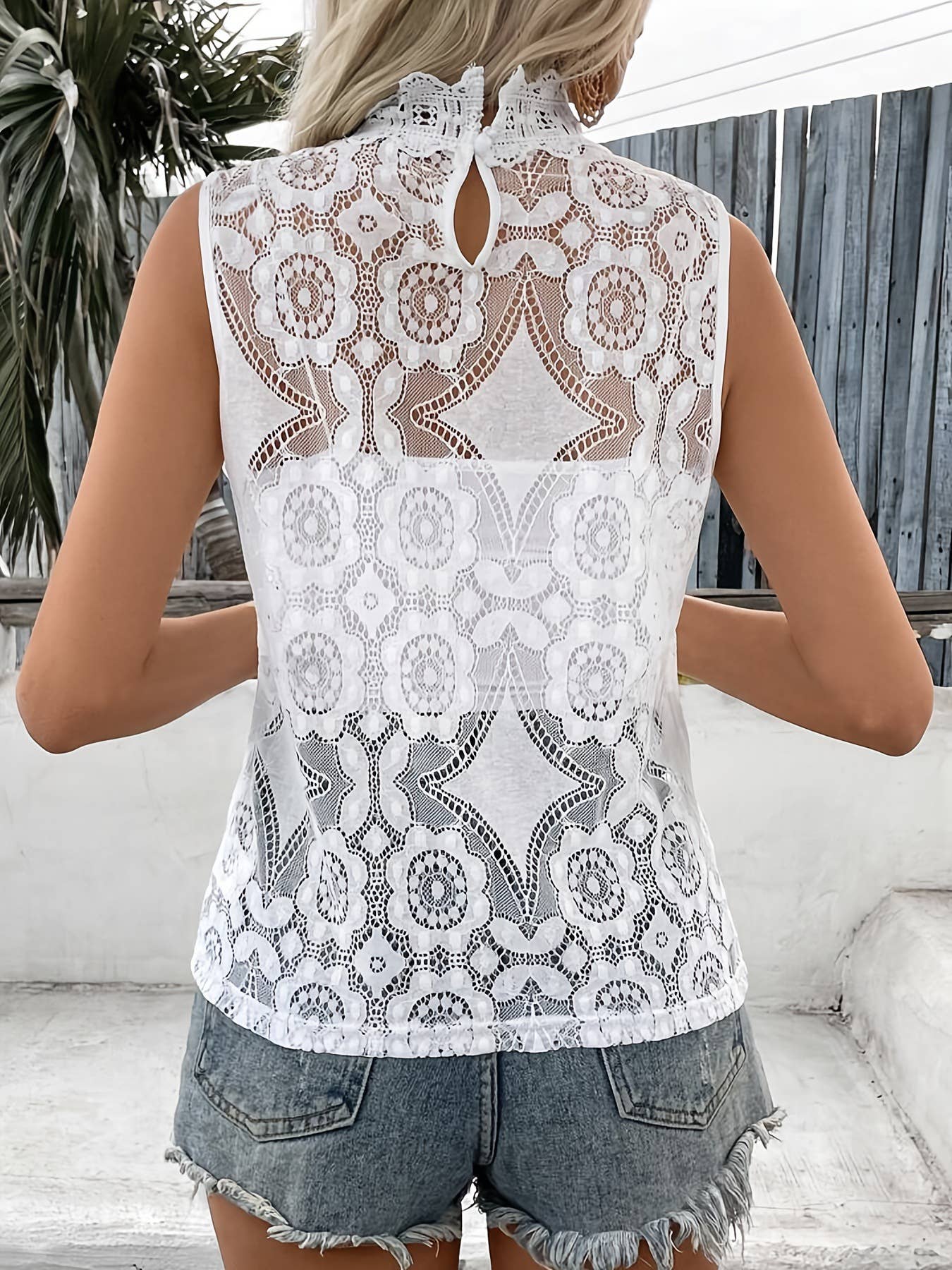 Solid-color stand-up collar lace patchwork Top