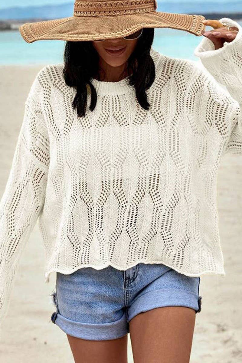 CWTBLL3667_OPEN-KNIT CROCHET LONG-SLEEVED SUN COVER-UP