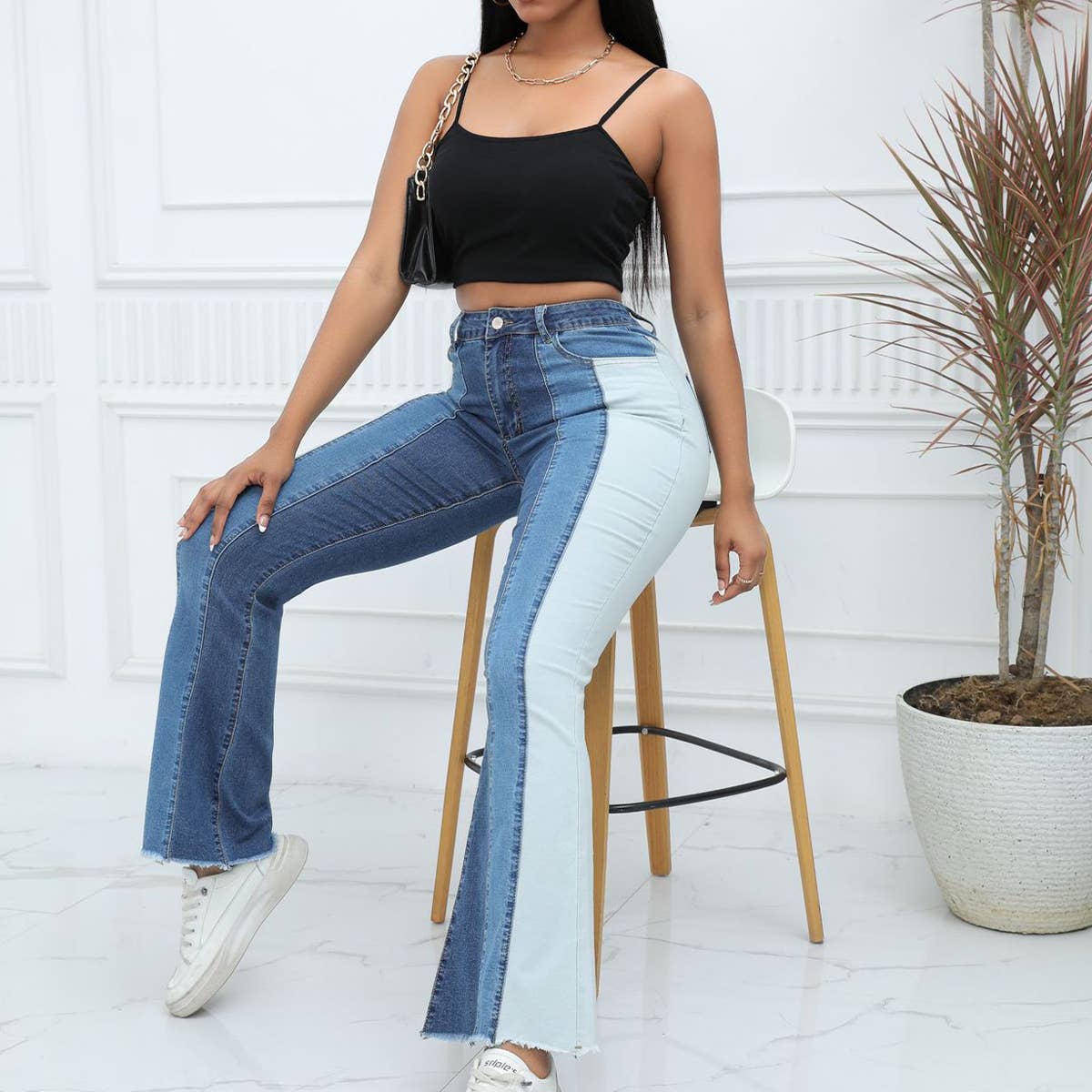 WOMENS WIDE LEG FLARED PANTS SLIM FIT JEANS_CWJP0170