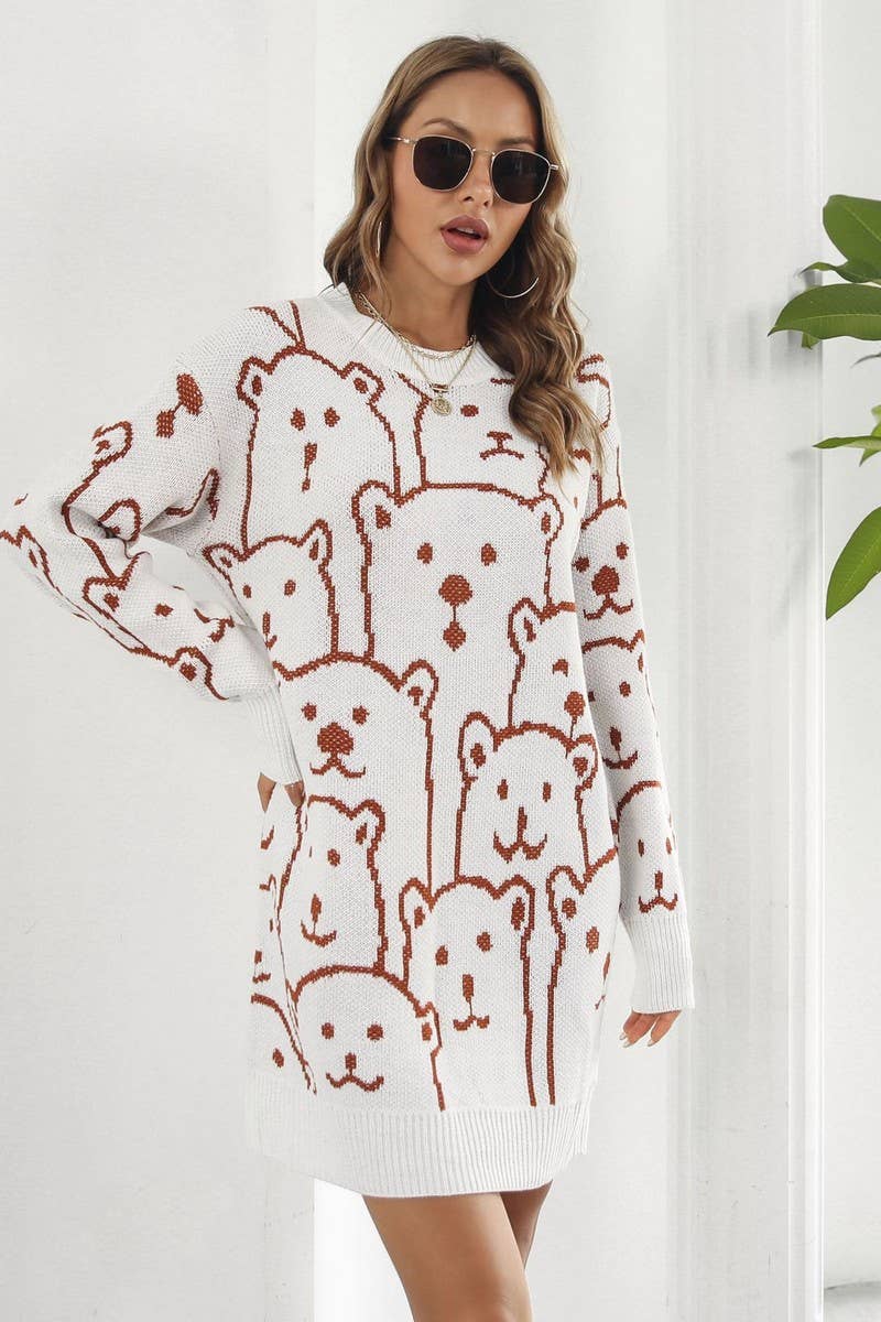 CWDSD7336_SWEET LOOSE BEAR JACQUARD KNITTED DRESS