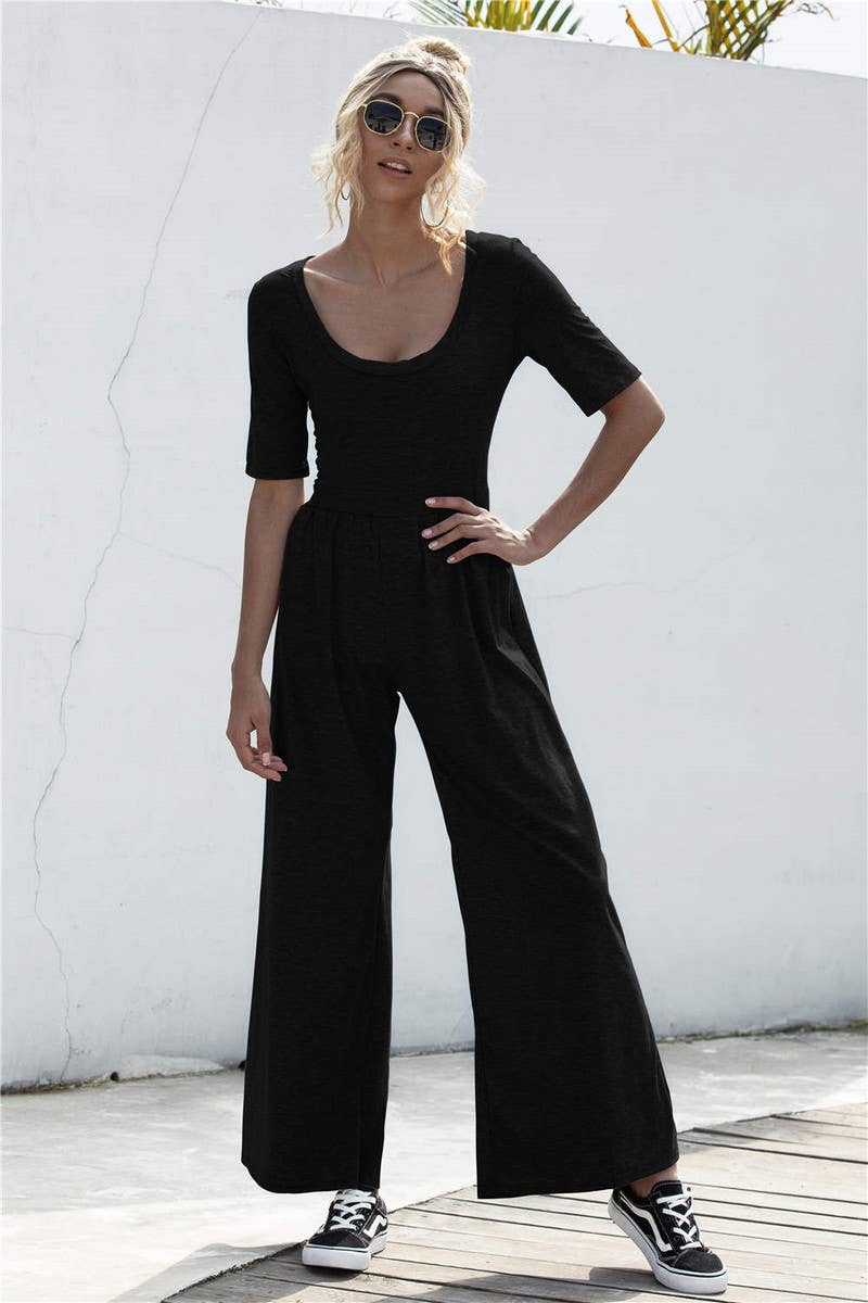 SOLID COLOR SHORT SLEEVED WIDE LEG LOOSE JUMPSUIT_CWSJS0428