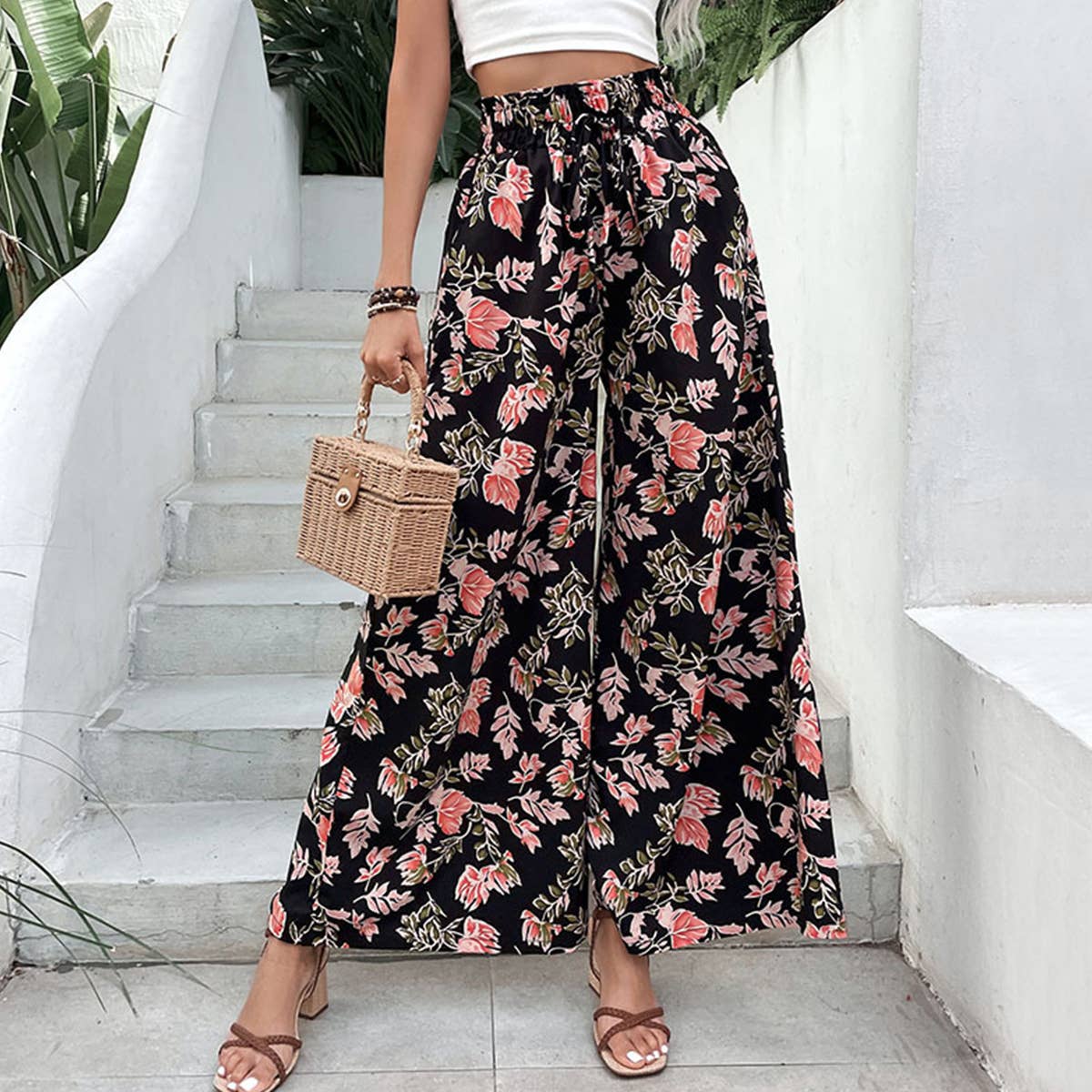 Printed flared wide-leg pants