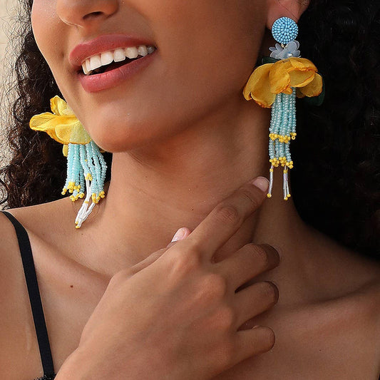 Boho Long Tassel Earrings Handmade Fabric Flowers_CWMM6165