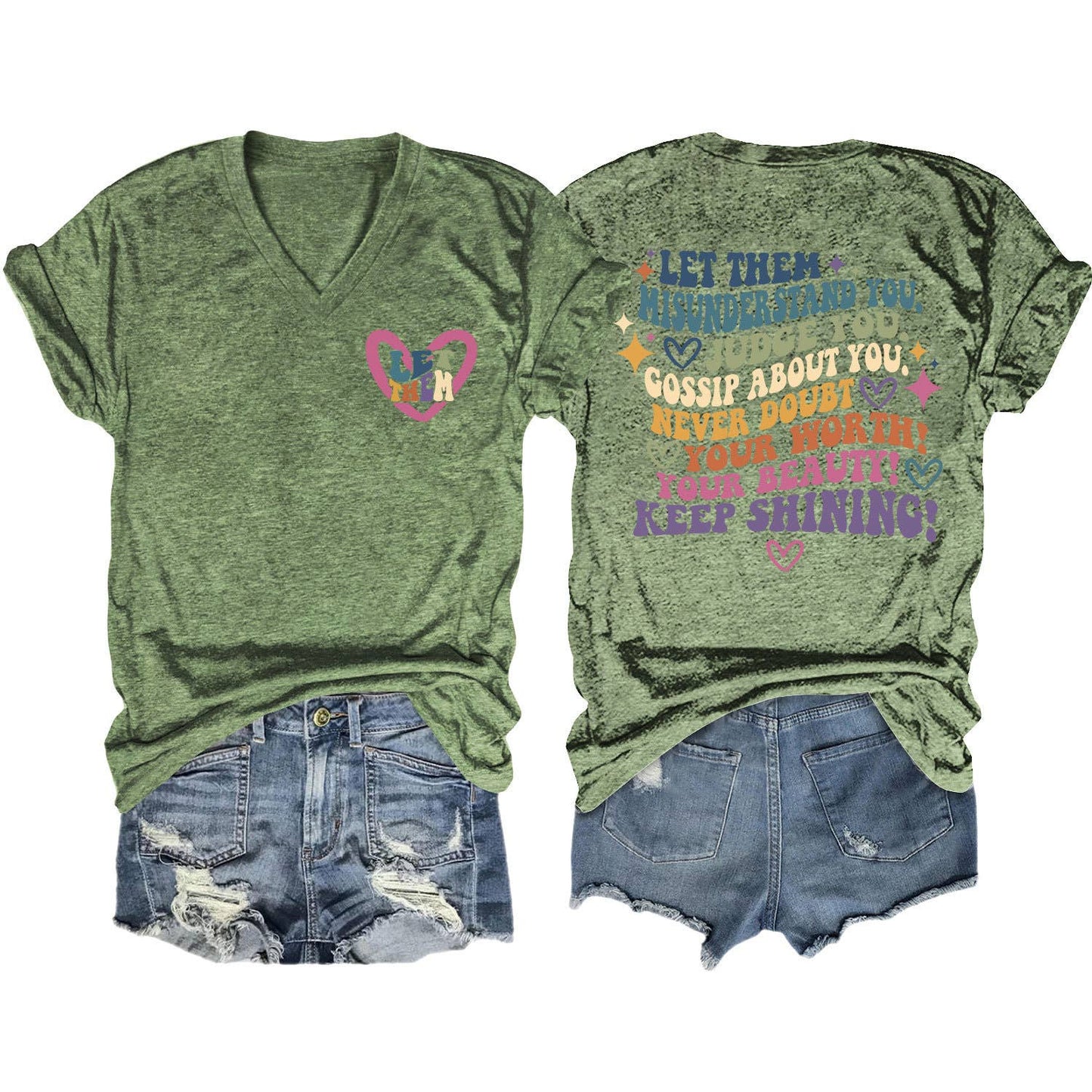 V-neck and fun letters Elegant women's T-shirt