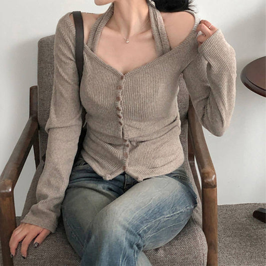 SLIM SOLID COLOR U-NECK HALTER TWO-PIECE JACKET