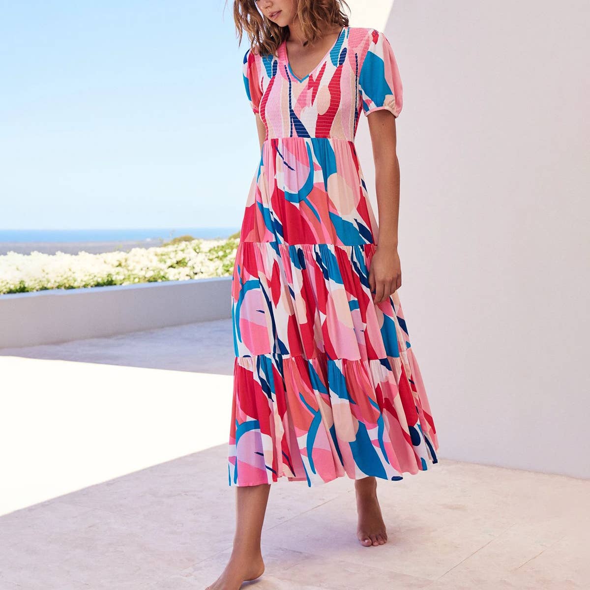 V-neck short sleeve printed swing dress