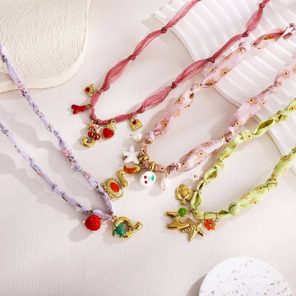 Colorful Scarf Necklace with Fruit Charms