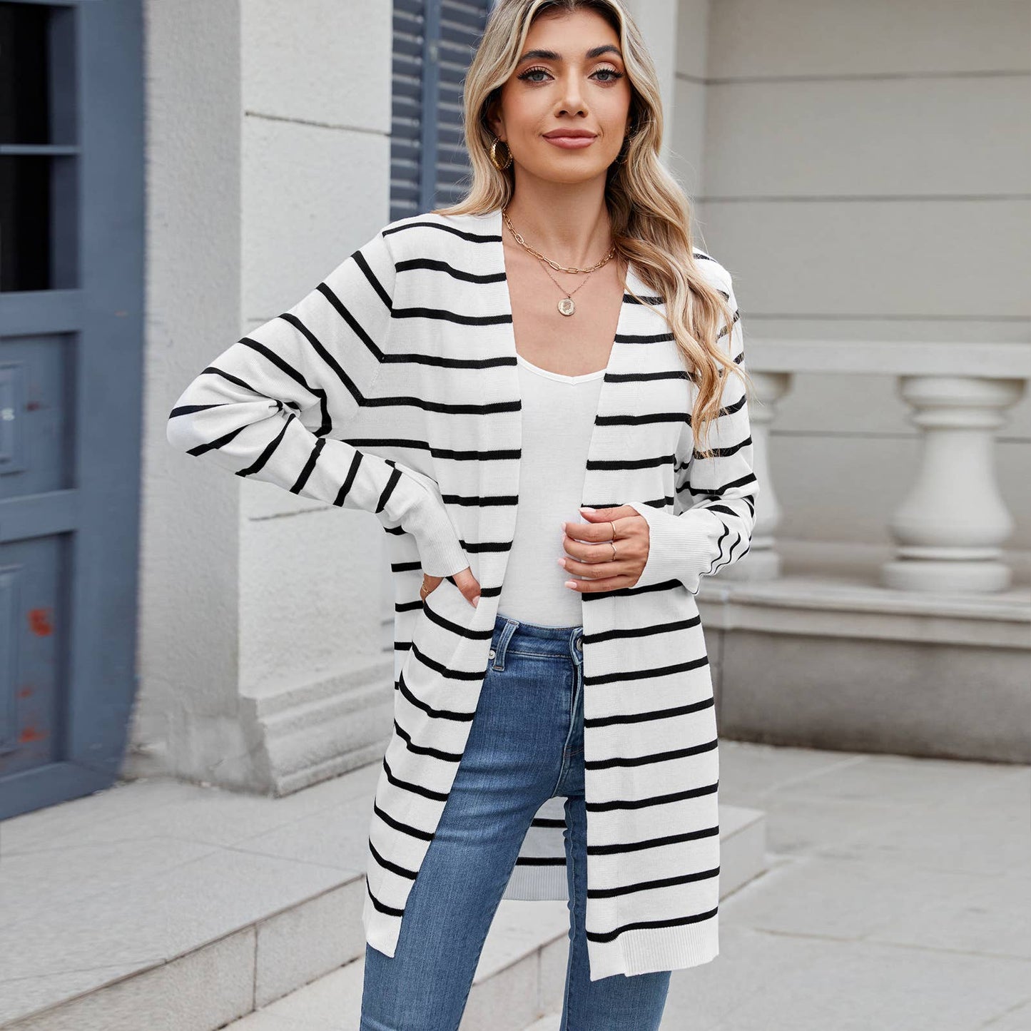 Long knitted striped cardigan without buttons