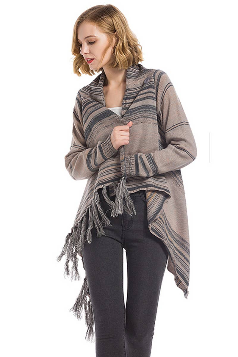 CWOCAL0945_STRIPED LOOSE IRREGULAR TASSEL KNITTED CARDIGAN