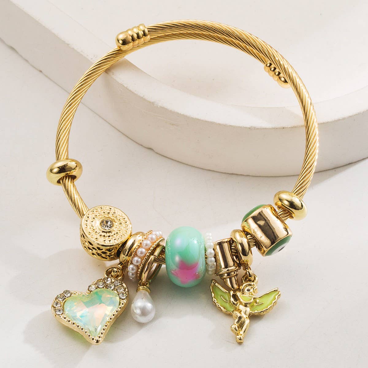 DIY Beaded Steel Bracelet with Angel & Heart