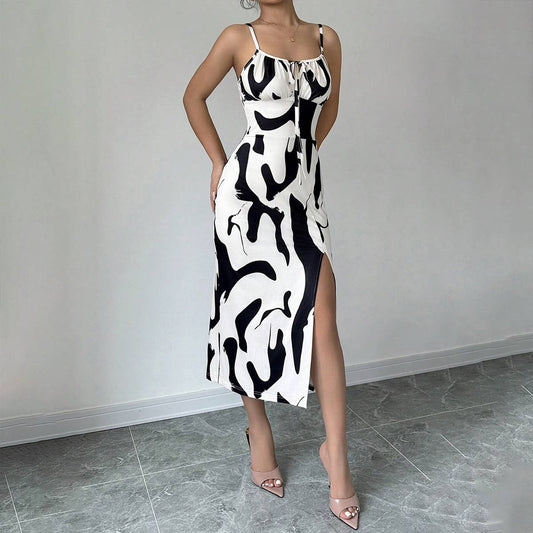 Intellectual style cow print halter slit dress