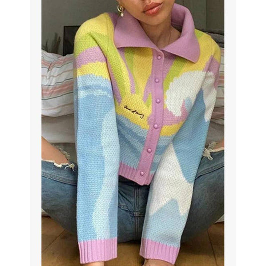 Jacquard lapel single breasted sweater cardigan