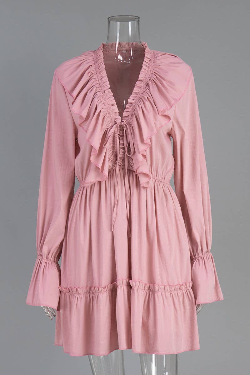 CWDSD7805_V-NECK BELL SLEEVE SHORT CHIFFON DRESS