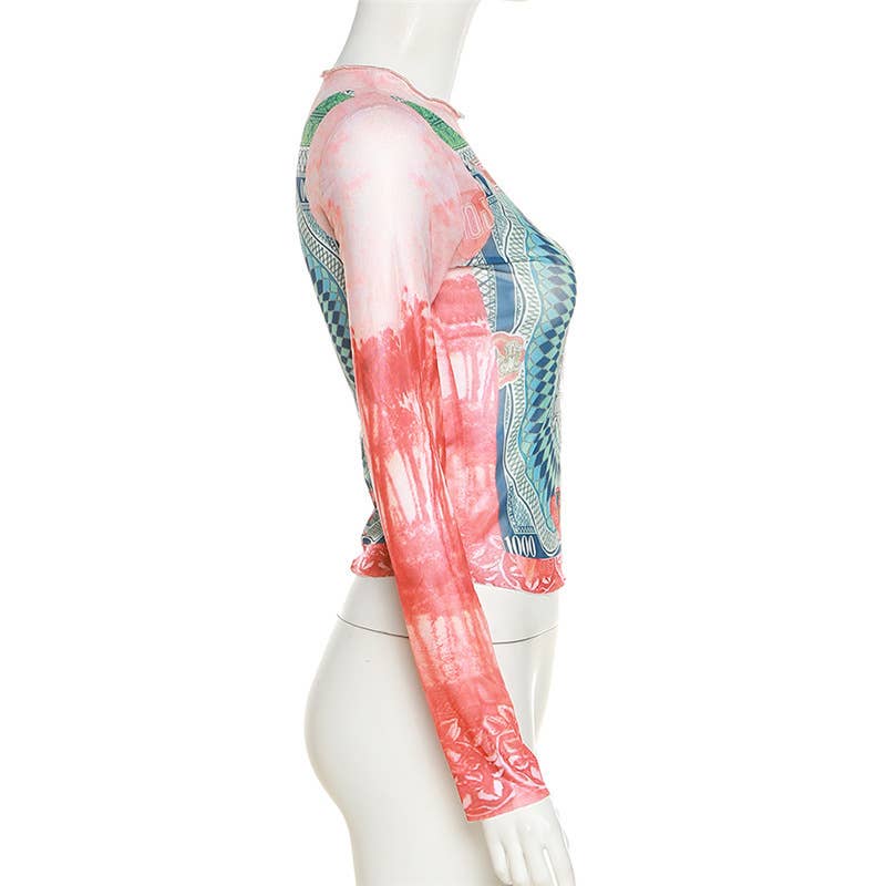 Fashion Print Colorblock Mesh Long Sleeve Top